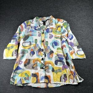 Ali Miles Top Womens L  Abstract Button Up Lagenlook Artsy Colorful Linen Blend